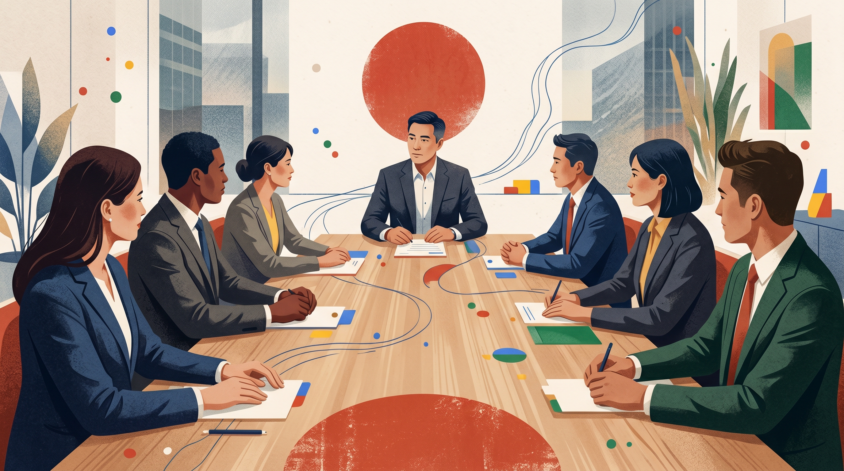 Editorial workshop visual: US and Japanese managers around a meeting table